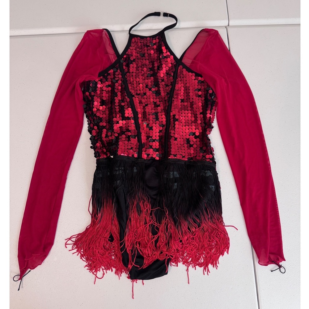 Layla Red Black Sequin Fringe Dance Costume Halter Mesh Sleeve XS Adult t3